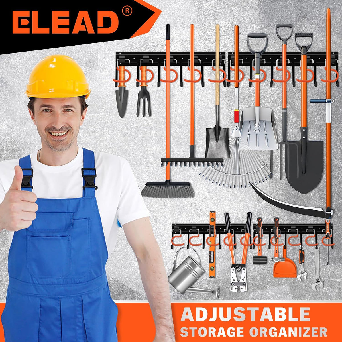 68'' All Metal Adjustable Garden Tool Organizer: Garage Tool Organizer Wall Mount with Orange Hooks, Garage Organizers and Storage, Tool Hangers for Shed