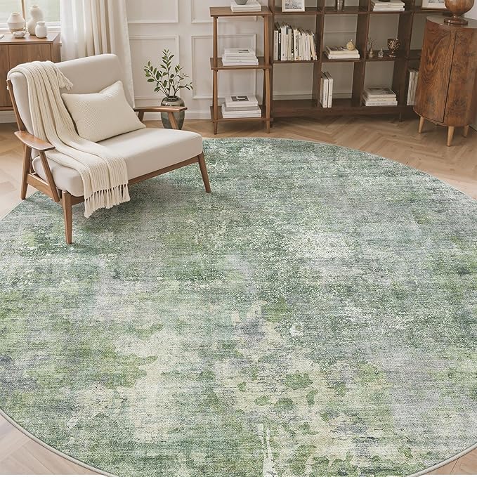 9x9 Green/Ivory Round Rug 9ft Living Room Circle Rug Vintage Round Area Rug Non - Image 2