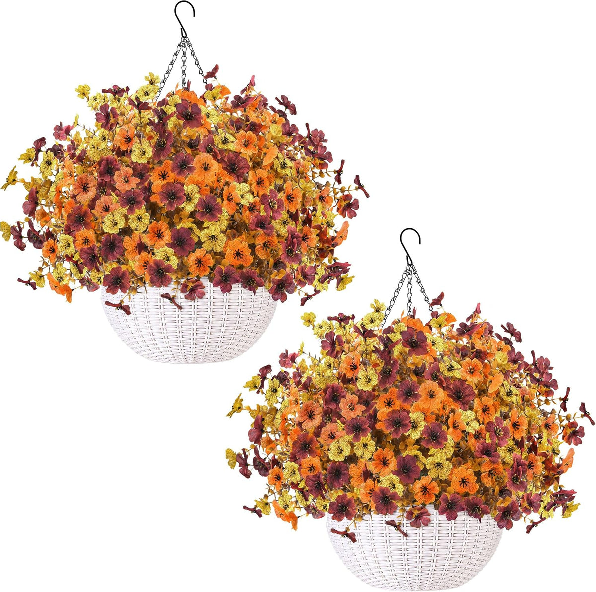 Der Rose 2Pcs Artificial Hanging Flower Basket for Outdoors Fake Hanging Flowers Plants with 4 Faux Silk Trailing Vines for Porch Patio Balcony Spring