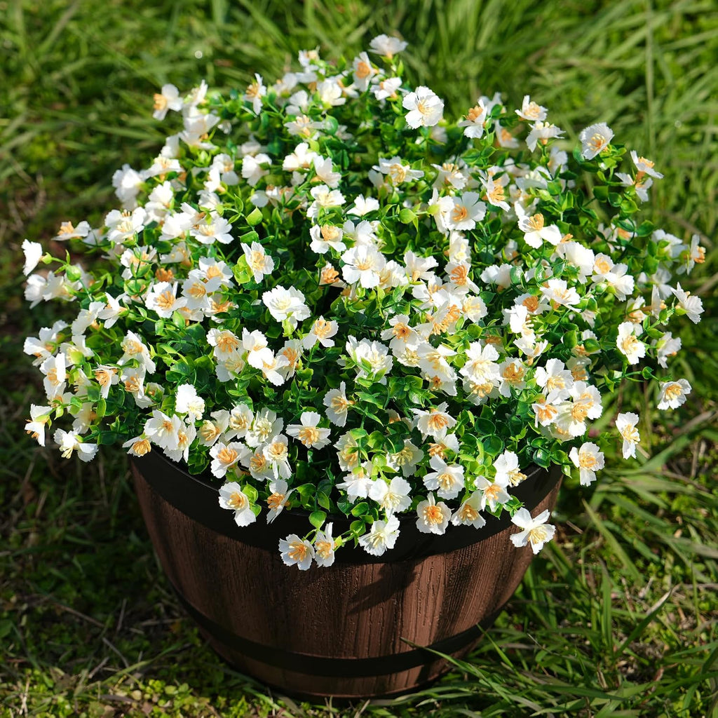 Outdoor Fake Flowers, Artificial Flowers for Outdoors, 12 Bundles Faux Plants with Silk White Flowers for Porch Decor Garden Patio Home Aesthetic