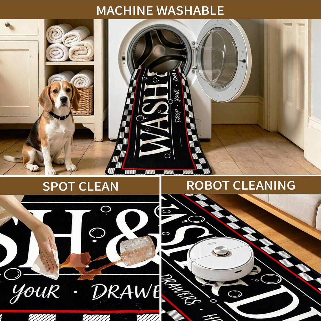 Laundry Room Rug Runner 20"X49" Non Slip TPRback Laundry Rugs for Laundry Decor Bordered Design Washable Runner Rugs for Kitchen Floor Laundry Room Bathroom Hallway Entryway Area Rugs-Black Plaid