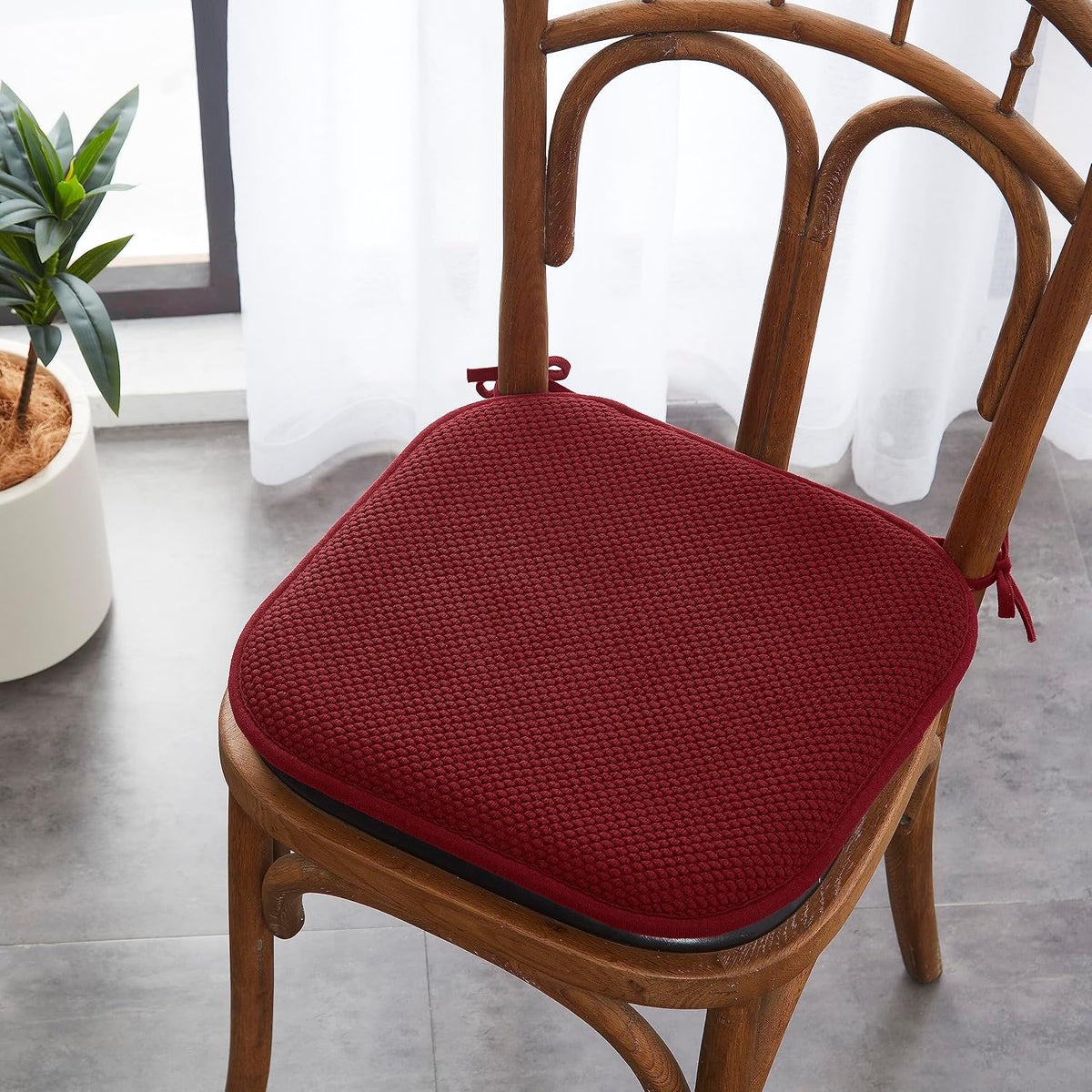 Elegant Comfort Chair Cushion Covers with Ties and Non Skid Rubber Backing-Thick Memory Foam - Soft Cushion Pad- Rounded Square Seat Cover-16 x 16 Inches-Honeycomb Textured Pattern, Set of 6, Burgundy