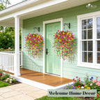 Der Rose 2Pcs Artificial Hanging Flower Basket for Outdoors Fake Hanging Flowers Plants with 4 Faux Silk Trailing Vines for Porch Patio Balcony Spring