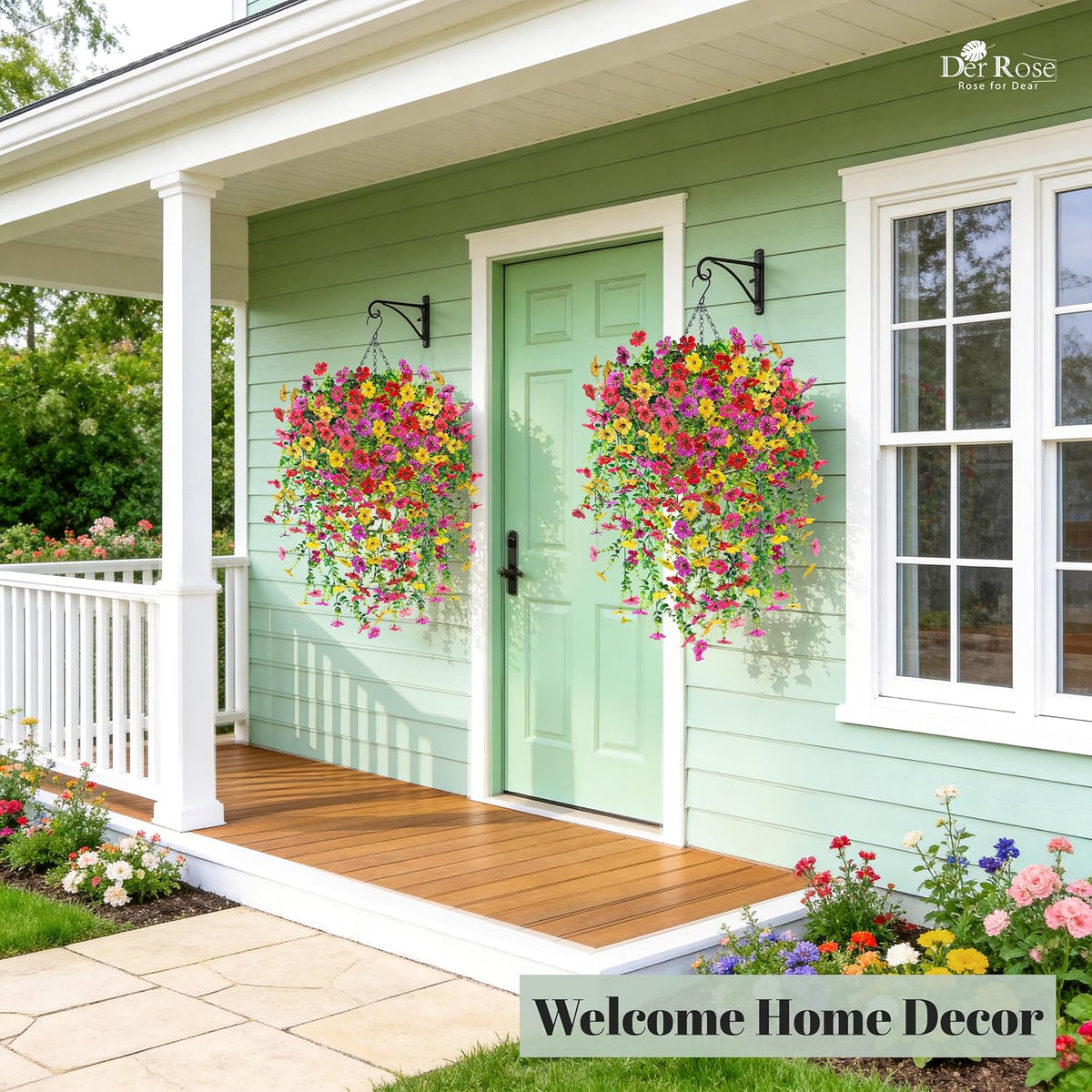 Der Rose 2Pcs Artificial Hanging Flower Basket for Outdoors Fake Hanging Flowers Plants with 4 Faux Silk Trailing Vines for Porch Patio Balcony Spring