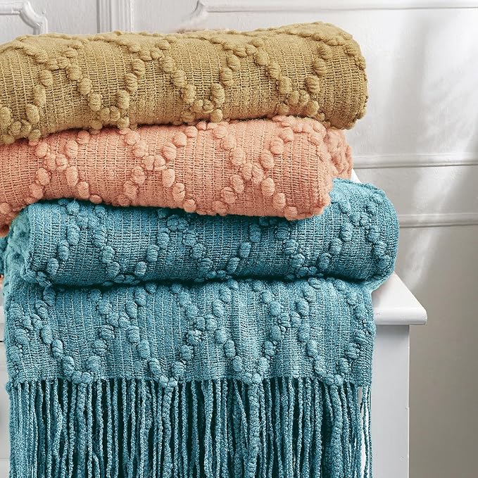BOURINA Teal Throw Blanket 50 x70 Inches Jacquard Argyle Throw Textured Solid - Image 6