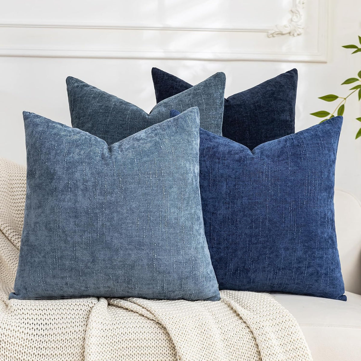 Set of 4 Soft Textured Decorative Throw Pillow Covers 18x18 Inch Cozy Farmhouse Cushion Cover Square Accent Pillow Cases for Bed Couch Sofa Living Room, Blue Series