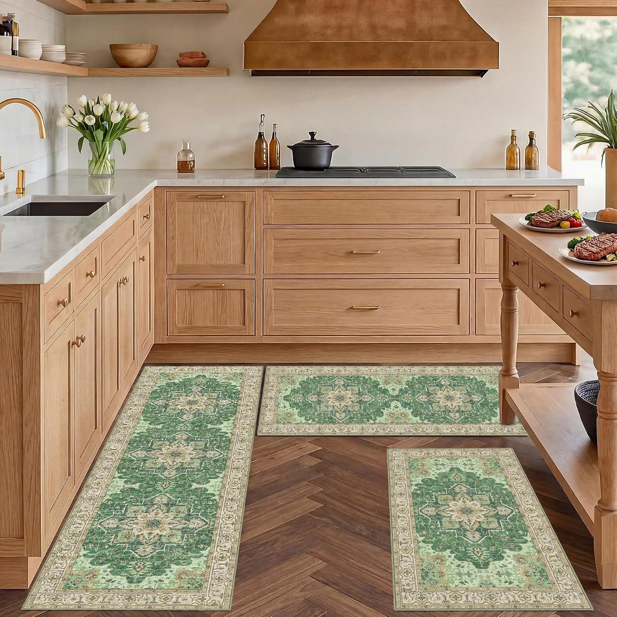 3 Piece Kitchen Rugs Sets with Runner, Washable Non Slip Soft Boho Kitchen Mats, Low Pile Stain Resistant Carpet for Hallway, Laundry Room, Entryway, Home Decor(20"x32"+20"x48"+20"x59", Green Beige)
