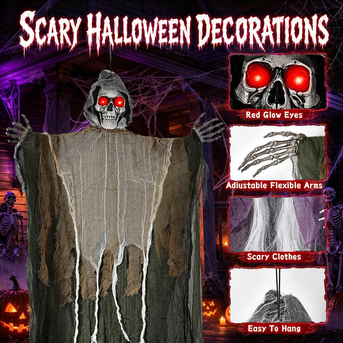 3PCS Scary Hanging Ghosts with Glowing Eyes, Light-Up Halloween Ghost Decorations, Outdoor/Indoor Decor for Graveyard, Haunted House, Yard, Patio, Lawn, Garden & Spooky Party Props