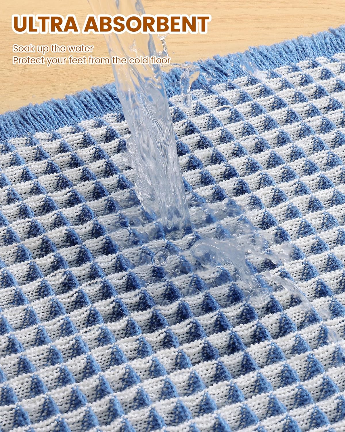 Smiry Waffle Bath Mat 30X18, Soft Absorbent Bathroom Rugs, Blue & Cream