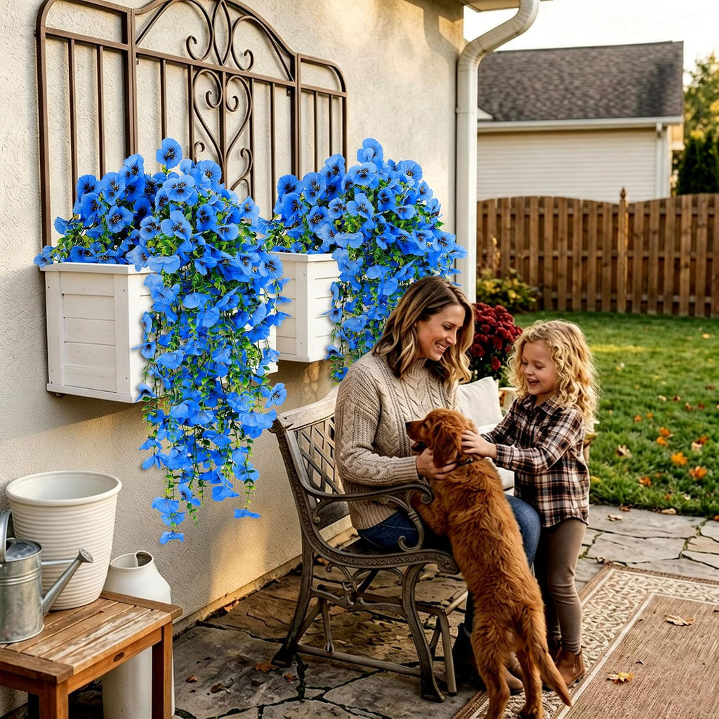 6 PCS Artificial Hanging Pansy Flowers, 30 Inch Blue Cascading Vines UV Resistant Artificial Flowers for Outdoors, Faux Hanging Plants for Farmhouse Porch Garden Window Box Patio Decor