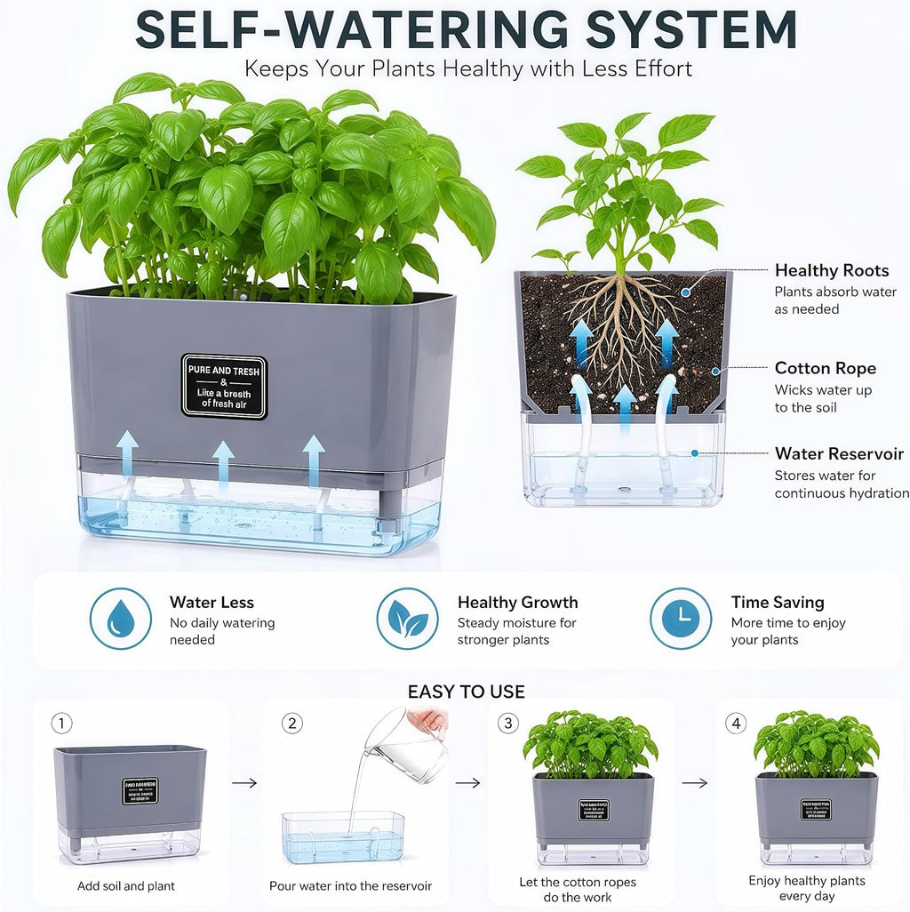 Self Watering Planters 4 Pack, 7 Inch Rectangle Plant Pots with Visible Water Reservoir, Indoor Outdoor Herb Planter Boxes for Windowsill，African Violets，Succulents，Flowers，Kitchen，Office，Balcony Gray