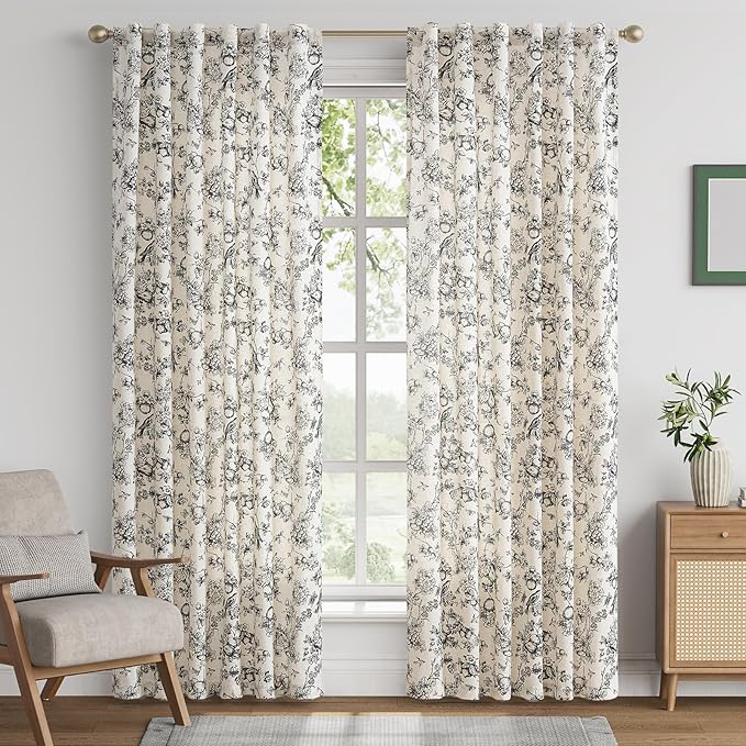 jinchan Linen Floral Curtains for Living Room 84 Inch Length Black Printed - Image 2