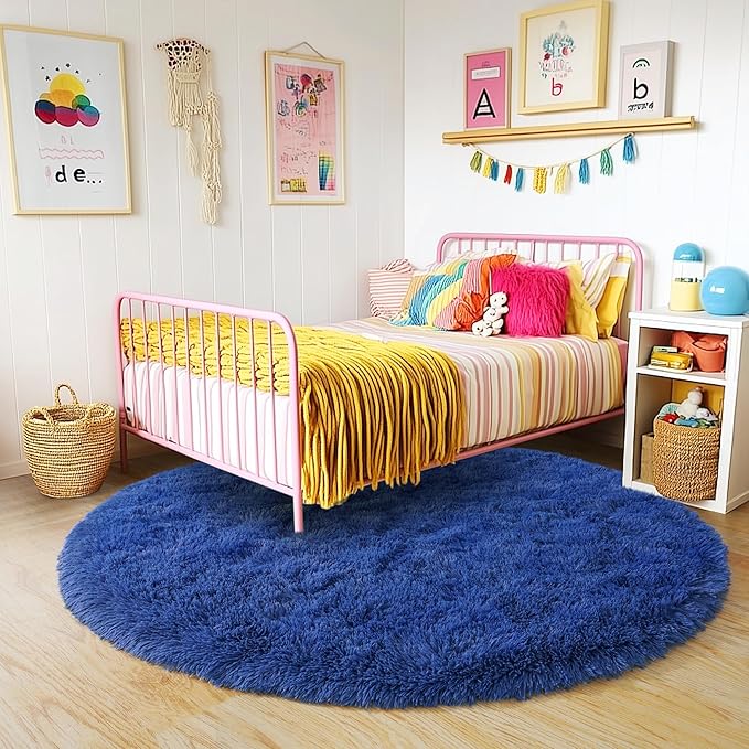 3'x3' Blue Round Rug for Bedroom, Ultra Soft Fluffy Circle Rug for Kids Girls - Image 7