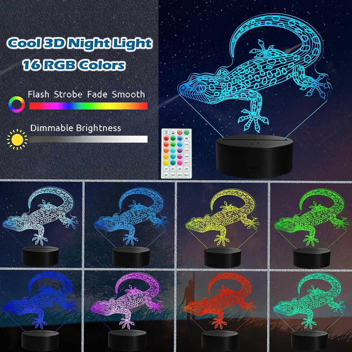 Leopard Gecko 3D Night Light, 16 Colors with Remote Control, Timer, RGB Flashing Mode, Dimmable LED Illusion Lamp, Lizard Accessories for Birthday Holiday Christmas Decor