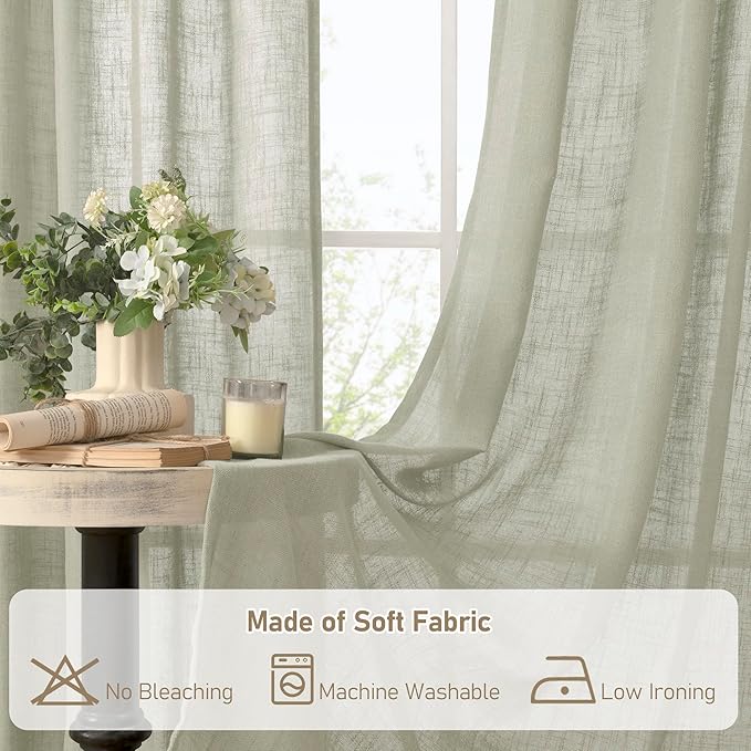 LAMIT Sage Grey Linen Boho Curtains 68 inch Length 2 Panels, Light Filtering - Image 8