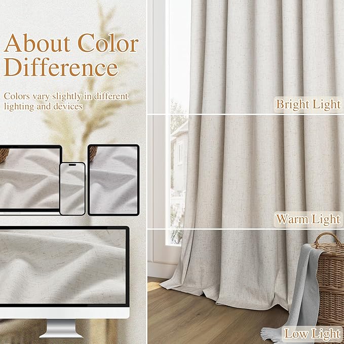 Guken 100% Black Out Light Beige Linen Curtains 90 Inch Long - Image 7
