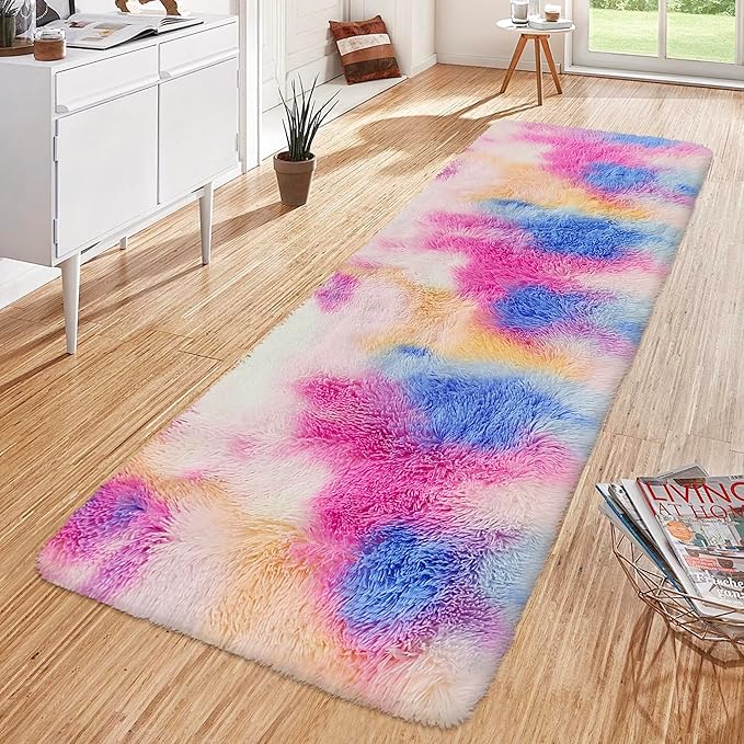 Fluffy Colorful Rug for Bedroom 2x6 ft Kawaii Tie-Dyed Area Rug Non Slip Cute - Image 3