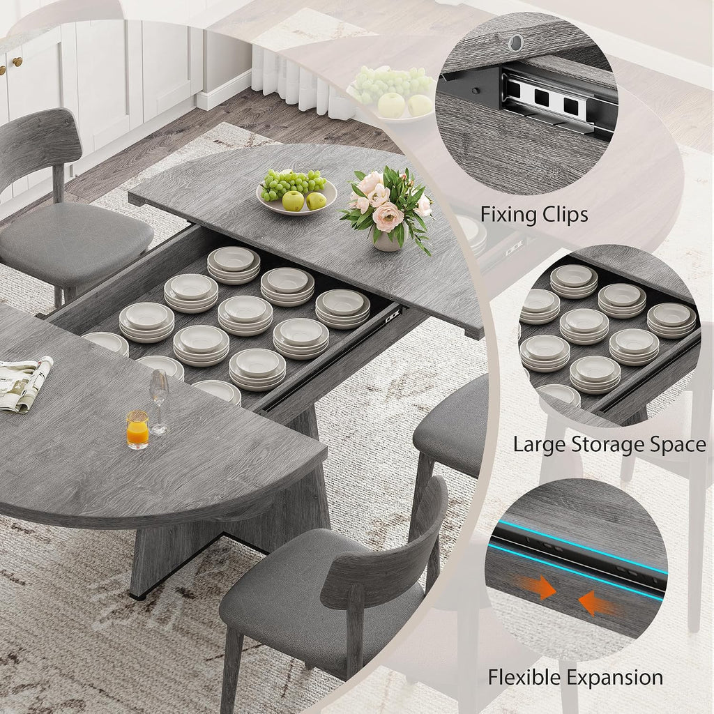 Extendable Dining Table, Round Kitchen Dining Room Dinner Table with for 4 6 8 People, Space Saving Modern Oval Expandale Furniture with Storage and Pedestal for Kitchen Living Room (Grey)