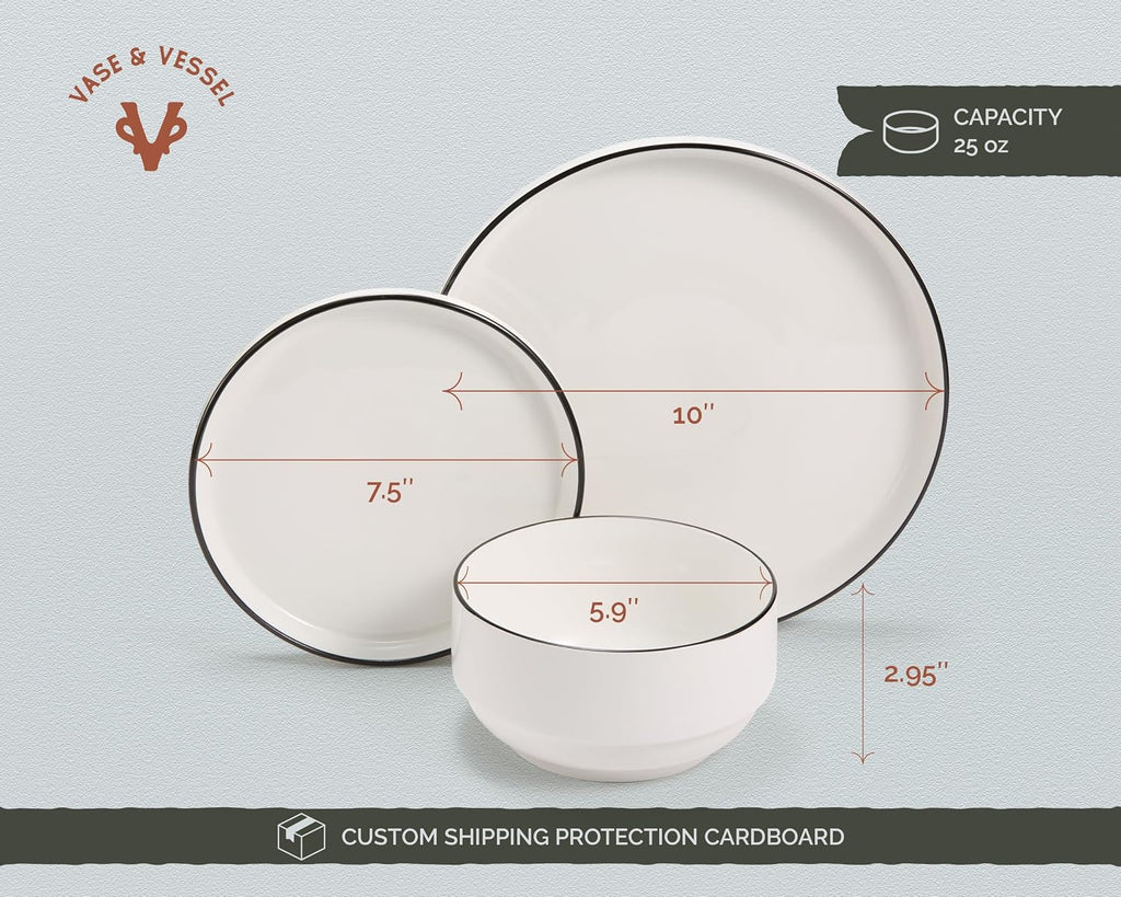 Vase and Vessel Ceramic Dinnerware Set, 12-Piece Service for 4, Round, Microwave and Dishwasher Safe, Cambridge Classics (French)