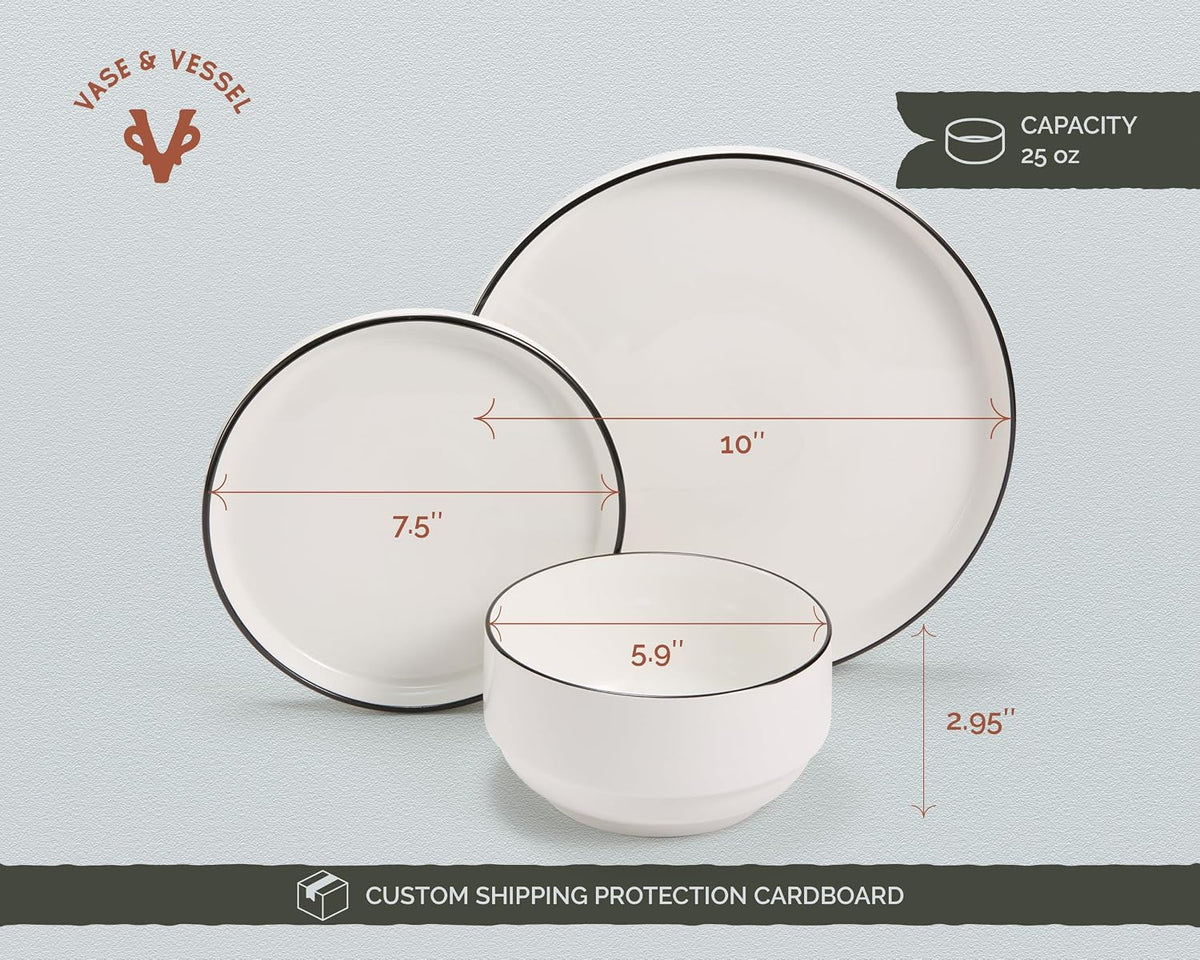 Vase and Vessel Ceramic Dinnerware Set, 12-Piece Service for 4, Round, Microwave and Dishwasher Safe, Cambridge Classics (French)