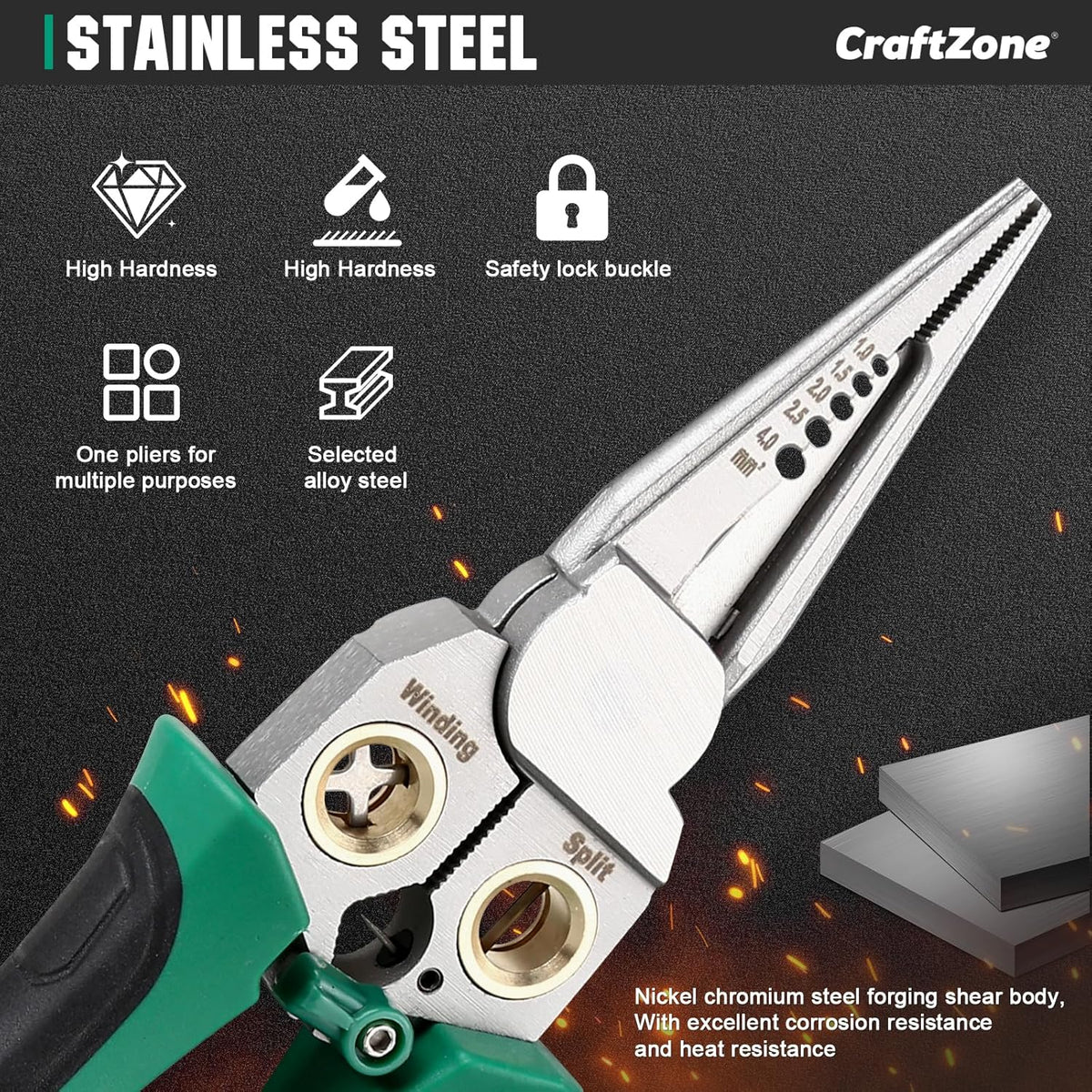 8‑in‑1 Wire Stripper Pliers, Non‑Contact Voltage Tester, Green‑Black