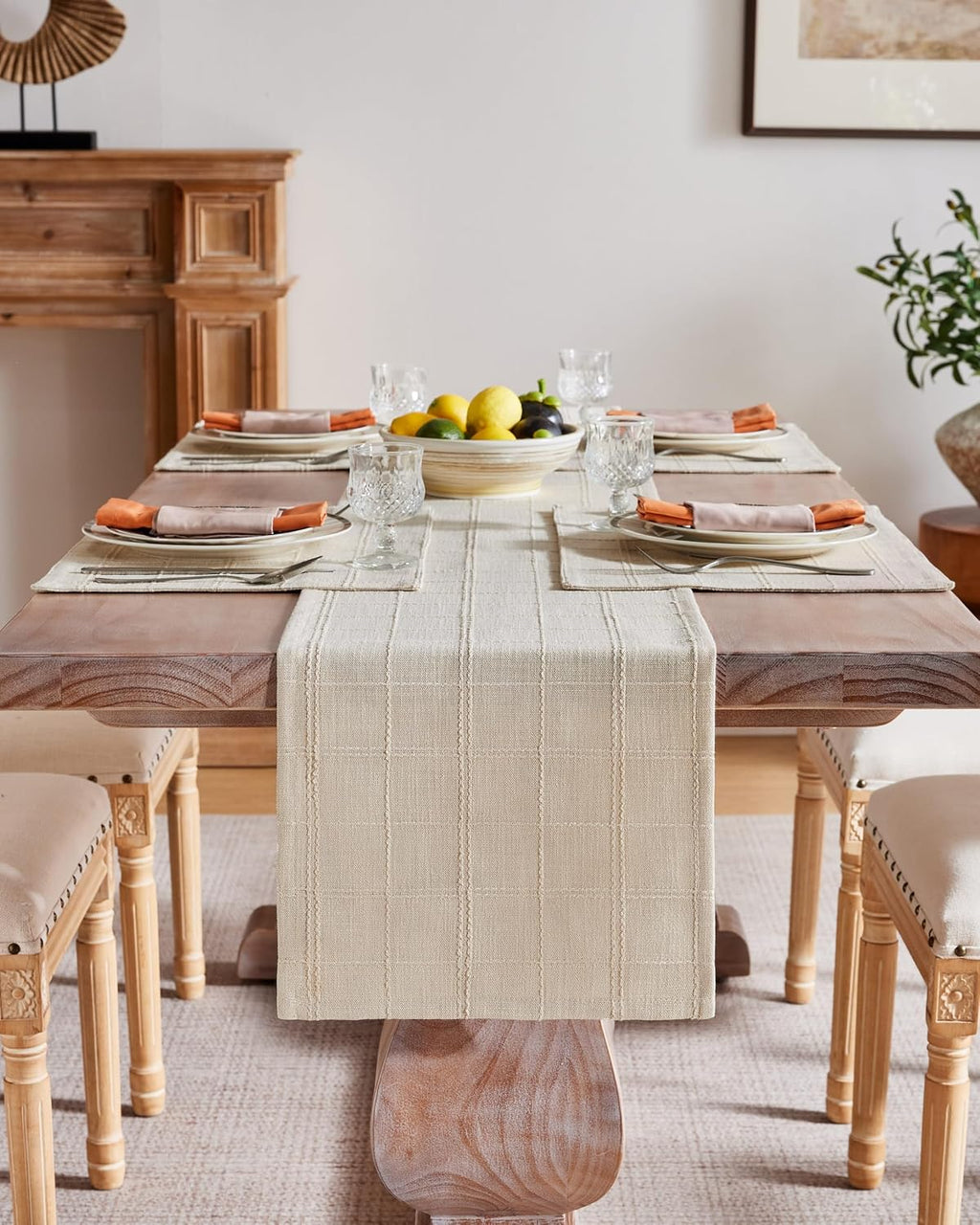 ZeeMart Linen Checked Farmhouse Table Runner, 13x108 Inches Neutral Beige
