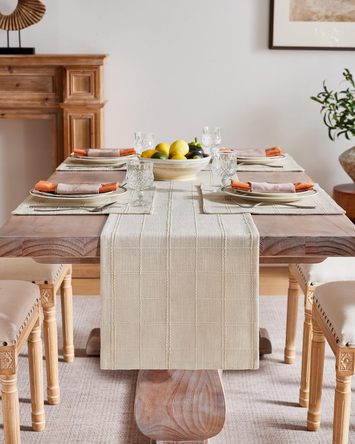 ZeeMart Linen Checked Farmhouse Table Runner, 13x108 Inches Neutral Beige