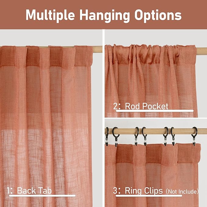 LAMIT Short Window Linen Curtains 36 Inch Length 2 Panels, Terracotta Light - Image 3