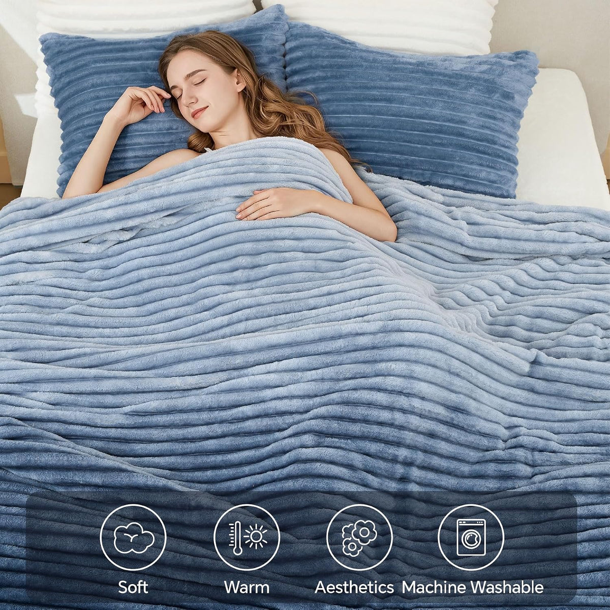 BEDELITE Fleece Queen Comforter Set, Fluffy Bed Set, Blue Ombre