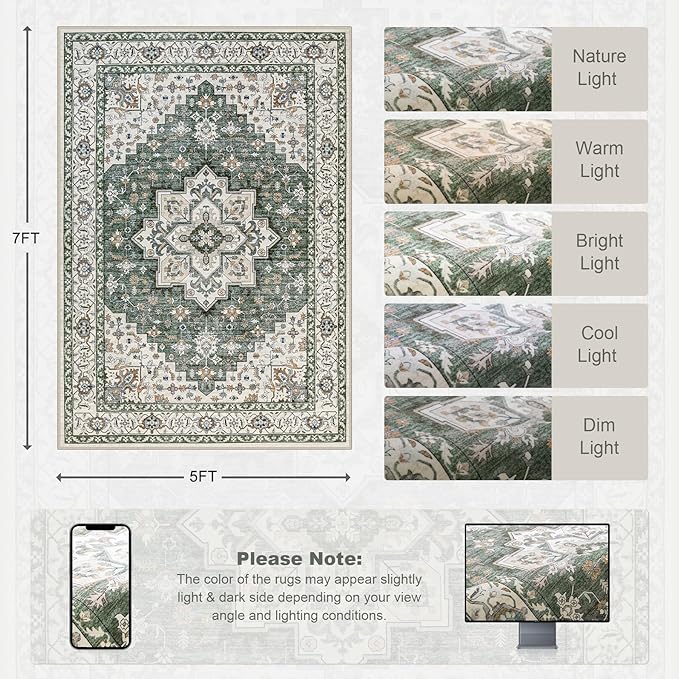 5x7 Area Rugs Living Room Rug: Washable Vintage Boho Medallion Rug No Slip - Image 2