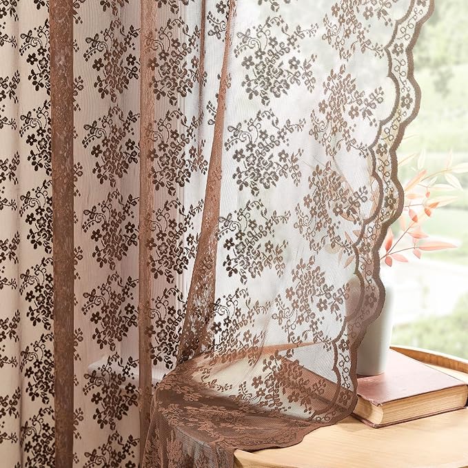 YJ YANJUN Vintage Lace Curtains 54 Inch Length-Brown Kitchen Curtains by YJYANJUN