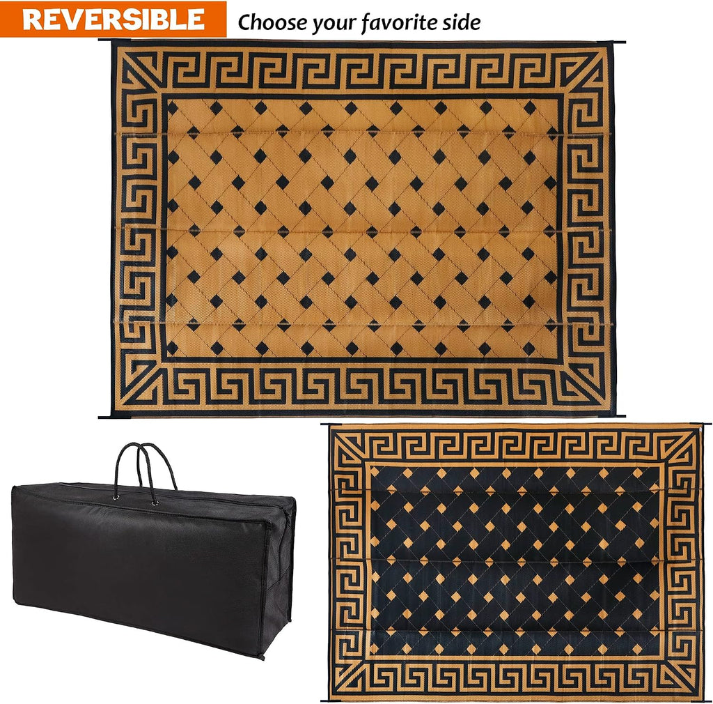 SAND MINE Reversible Mats, Plastic Straw Rug, Modern Area Rug, Large Floor Mat and Rug for Outdoors, RV, Patio, Backyard, Deck, Picnic, Beach, Trailer, Camping (9' x 12', Brown & Black)