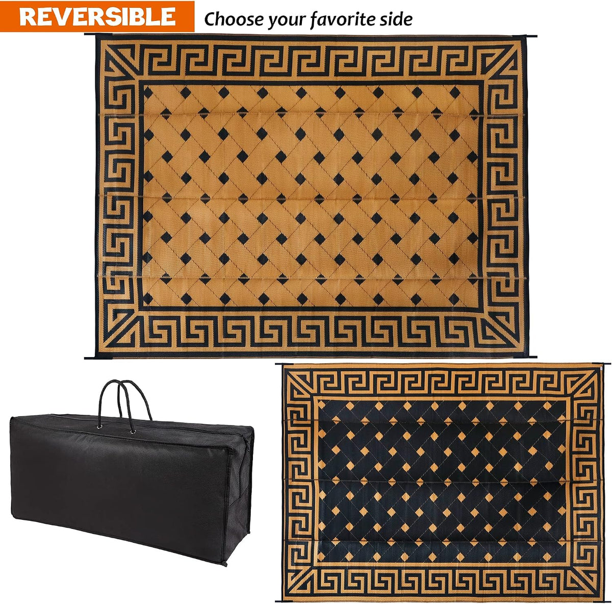 SAND MINE Reversible Mats, Plastic Straw Rug, Modern Area Rug, Large Floor Mat and Rug for Outdoors, RV, Patio, Backyard, Deck, Picnic, Beach, Trailer, Camping (9' x 12', Brown & Black)