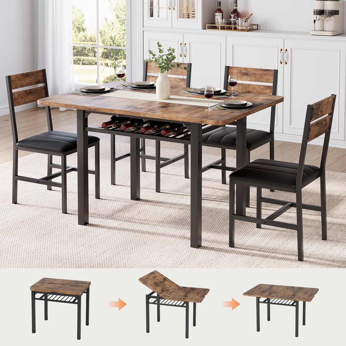 MapleGrace Extendable Dining Table Set for 4 with Built-in Shelf Rack Brown