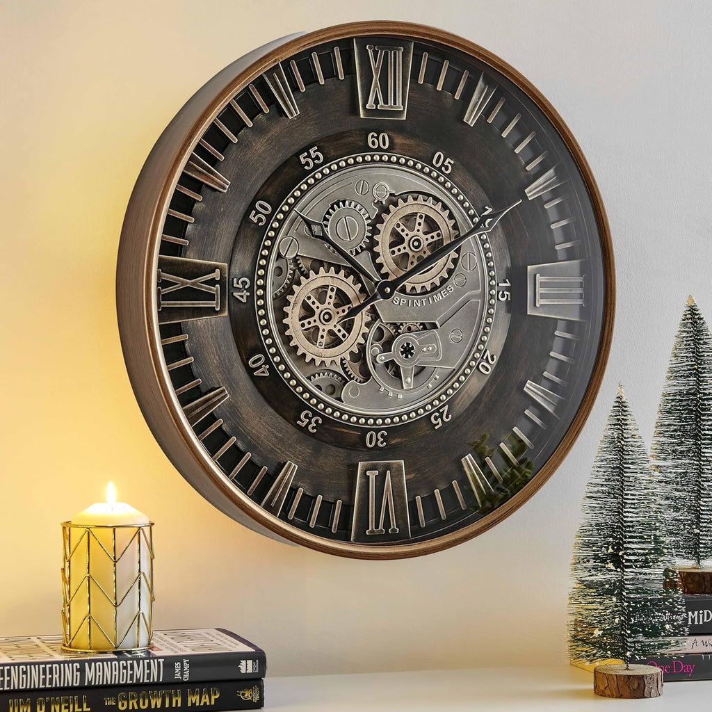 CLXEAST 24 Inch Large Wall Clock with Moving Gears, Antique Gold