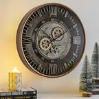 CLXEAST 24 Inch Large Wall Clock with Moving Gears, Antique Gold