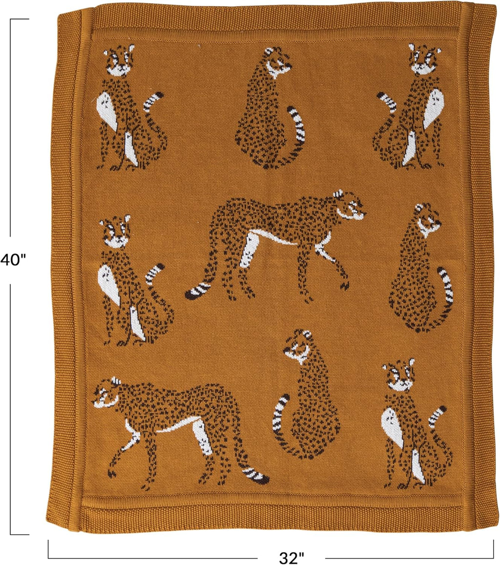 Creative Co-Op Soft Cotton Knit Baby Blanket with Decorative Cheetahs, Mustard Color