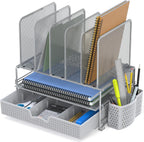 Simple Houseware Desk File Organizer for Office Supplies w/Drawer, Silver