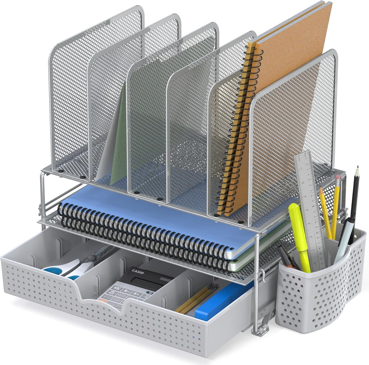 Simple Houseware Desk File Organizer for Office Supplies w/Drawer, Silver