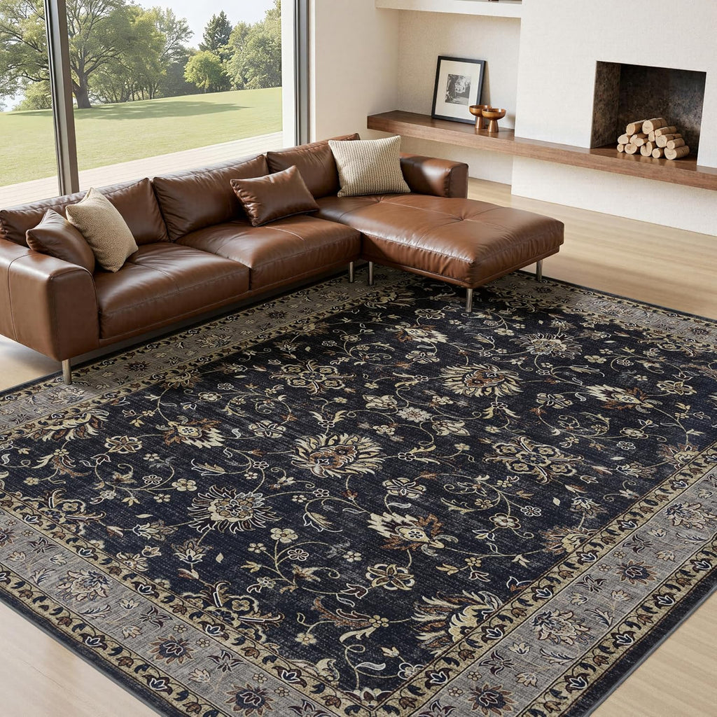 4x6 Washable Area Rug for Living Room, Carpet for Bedroom, Soft Faux Wool Retro Dining Room Rug, Non Slip&Non-Shedding Resistant Low Pile Vintage Print Rug for Home Office (Black/Yellow)