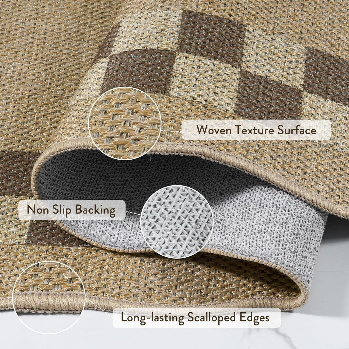LIVEBOX Scalloped Easy Jute Checkered 3x5 Outdoor Rug, Washable Non-Slip Tan Rugs for Entryway, Geometric Indoor Outdoor Rug Farmhouse Boho Carpet Door Mat for Patio Porch Bedroom Living Room Modern