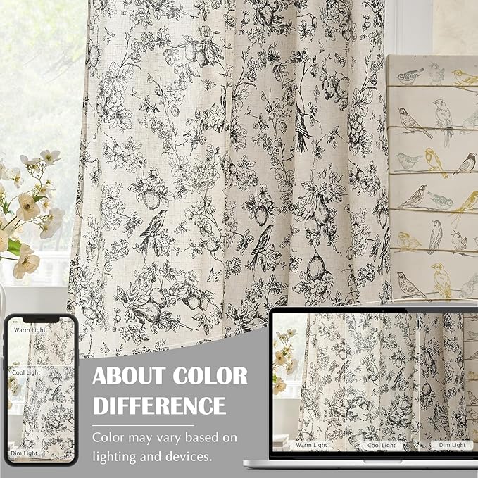 jinchan Linen Floral Curtains for Living Room 84 Inch Length Black Printed - Image 5
