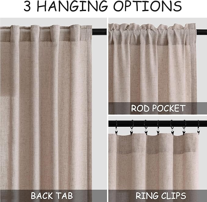 Extra Long Curtain 108 Inches Long 2 Panels Set Back Tab Oatmeal Linen Drapes - Image 3