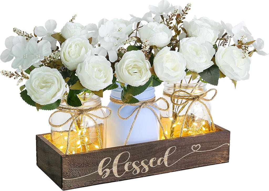 3 Pcs Mason Jar Table Centerpieces for Dining Room with Wood Tray&Led Light