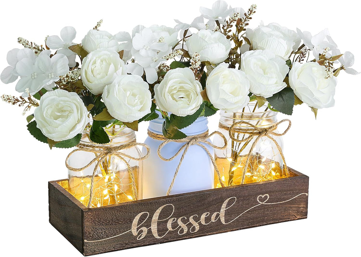 3 Pcs Mason Jar Table Centerpieces for Dining Room with Wood Tray&Led Light