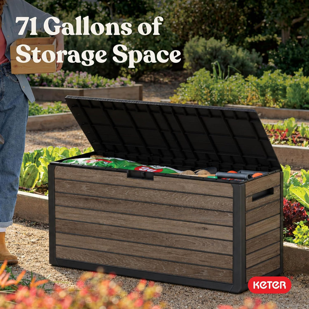 Keter Premium Everwood 71 Gal Outdoor Storage Box and Patio Side Table