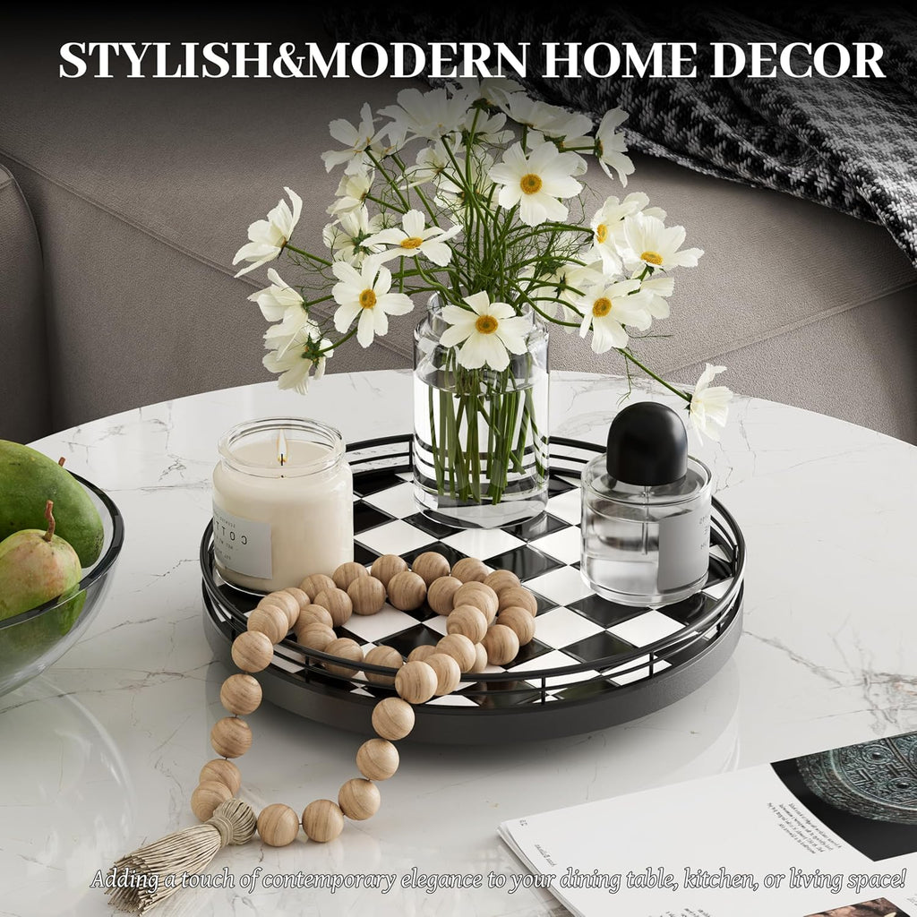 10.2-Inch Black and White Checkerboard Lazy Susan with Oak Base