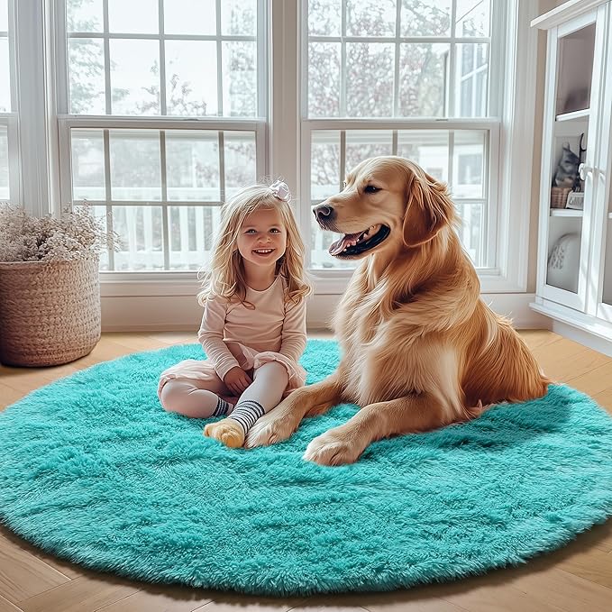 ONASAR Teal Blue Round Area Rug 4ft, Soft Fluffy Bedroom Bedside Floor Circle - Image 7
