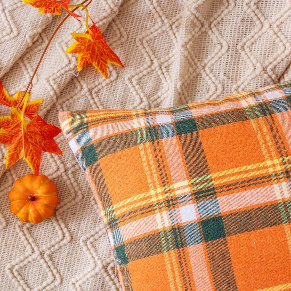 AQOTHES Fall Plaid Orange Green Throw Pillow Covers 18x18 Inch Set of 2