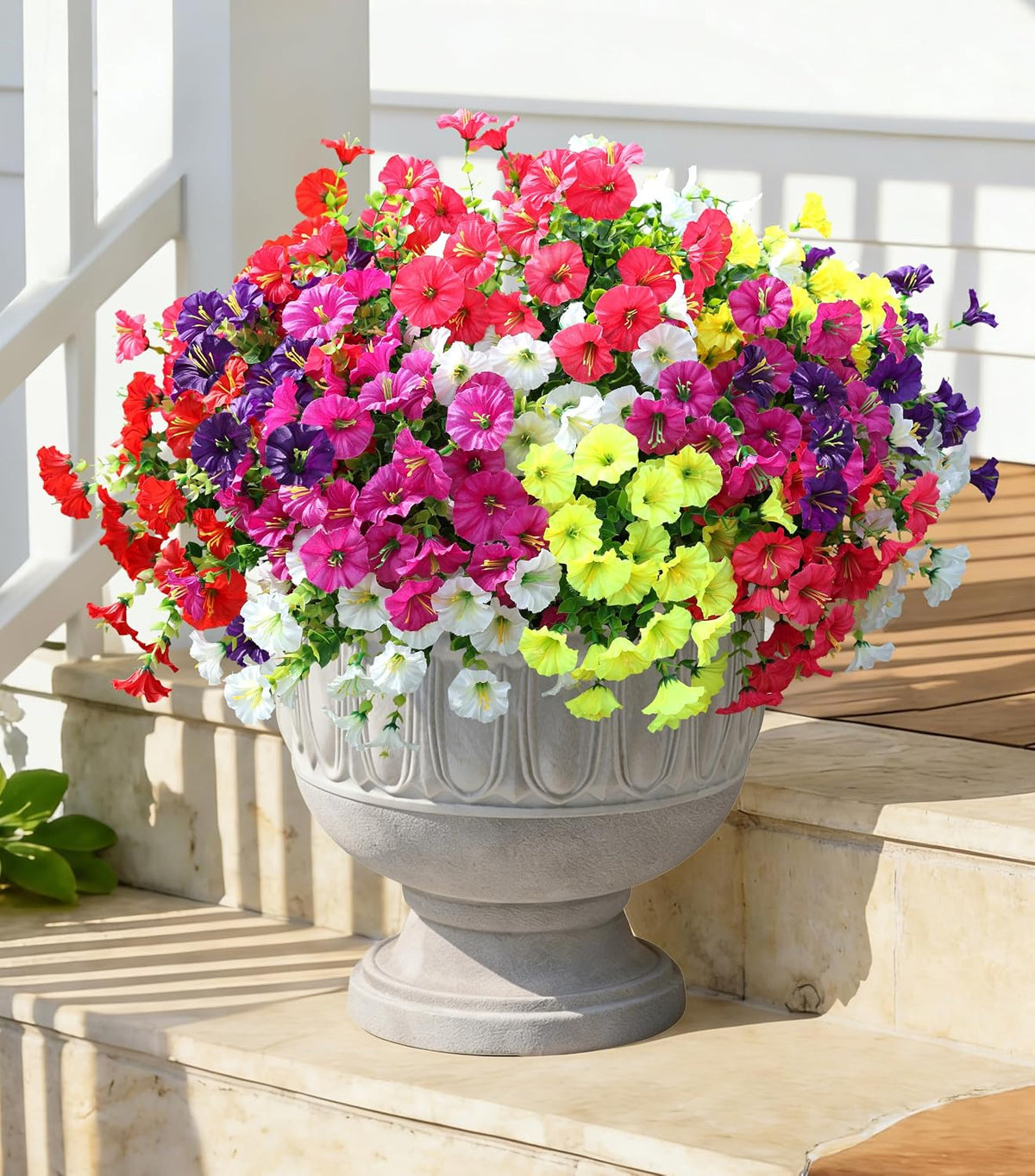 Artificial Flowers Fake Plants for Outdoors Decor, 12 Bundles Silk Morning Glory with Eucalyptus Realistic UV Resistant Faux Flowers for Outside Planter Porch Yard Patio Garden Home Indoor, Mix